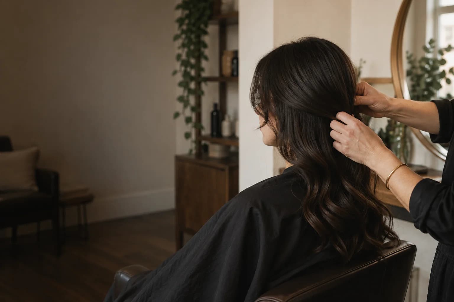 A stylist finishing a client's hair in a warmly lit independent salon.